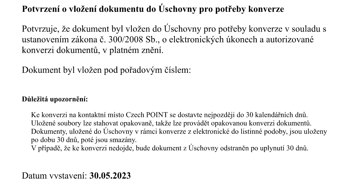 Ukázka, jak by mělo potvrzení vyzvednutí překladu na CZECHPOINTU